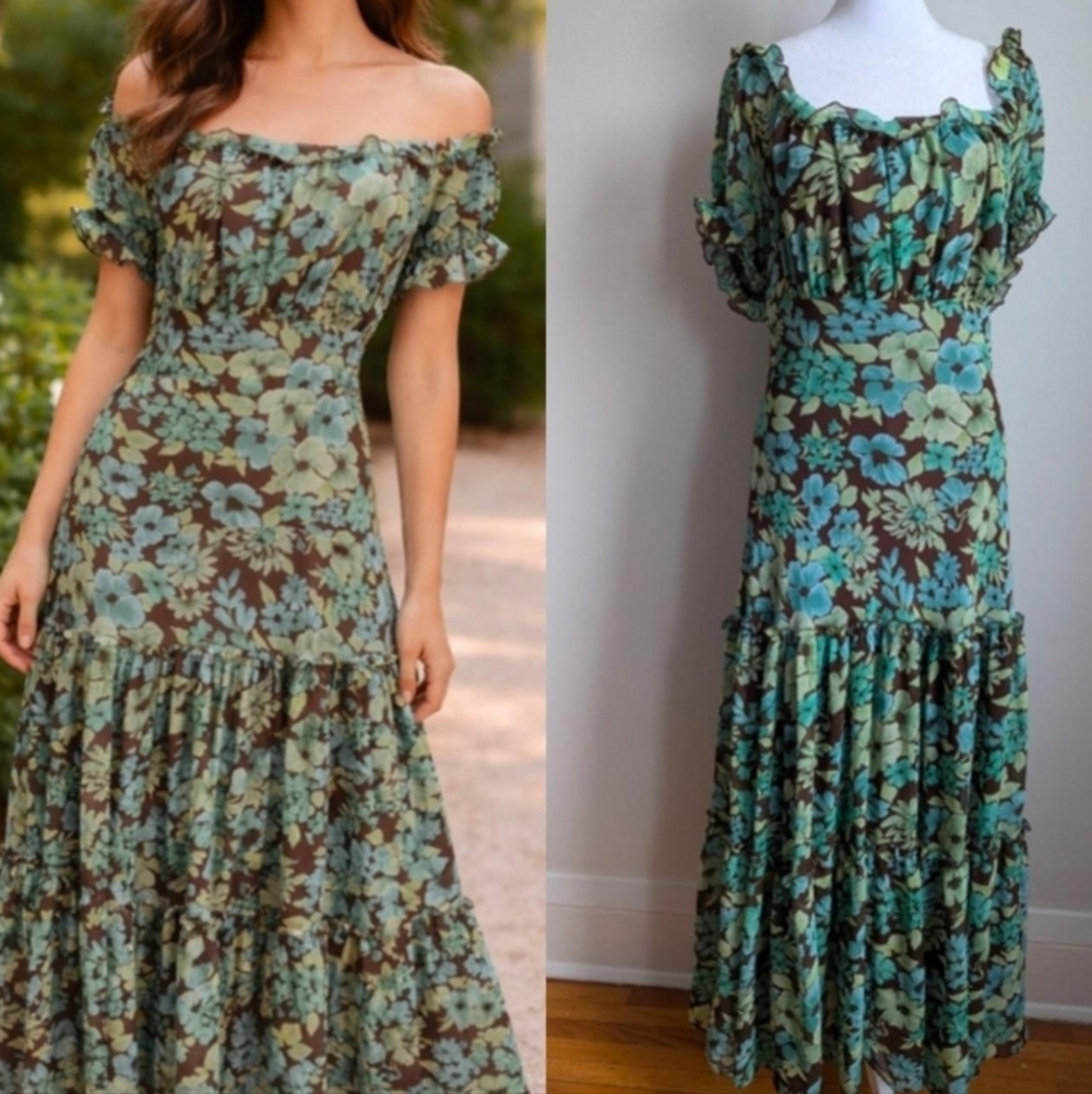 VTG Green & Brown Floral Off The Shoulder Ruffle Tiered Maxi Dress 14